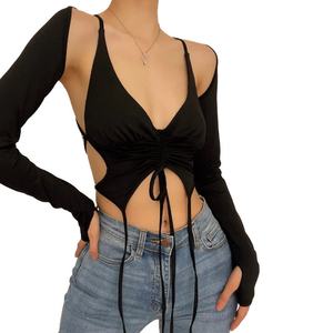 Top Sexy para Mujer, Elástico, de Manga Larga, Cuello en V, Halter, Fruncido, Sólido, 2 Piezas, Tops Cortos para Mujer - Product Image 2
