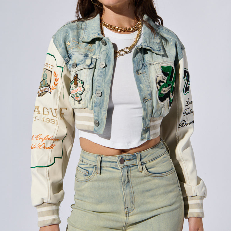 Women's Oversized Crop Bomber Jacket – Vintage Patchwork Varsity Coat, Button-Down, Baseball Style, Streetwear