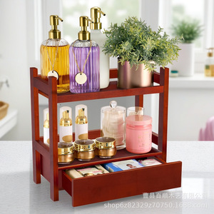 Wooden Double Layer Storage Rack Reddish Brown <b>Desktop</b> Cosmetic Organizer Makeup Storage <b>Shelf</b> - Product Image 3
