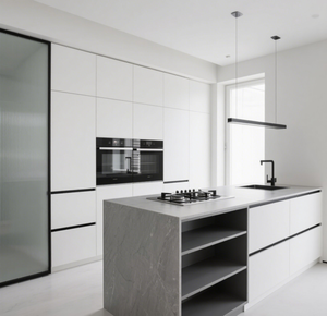 SANTOPOVA Armoires de cuisine modernes et minimalistes blanches à haute brillance avec portes en verre et <span class=keywords><strong>four</strong></span> encastré - Product Image 4