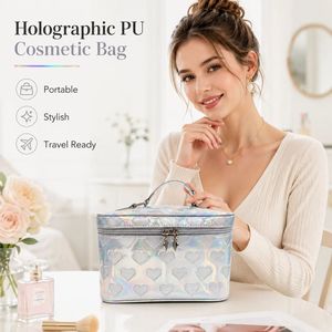 OEM ODM Holographic PU Cosmetic <b>Case</b> Large Capacity Travel <b>Makeup</b> Organizer Bag with Double Zipper Top Handle Wholesale - Product Image 2