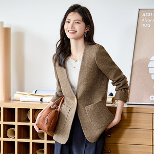 Women's Wool Blazer <b>Coffee</b> Color Herringbone Pattern Loose Fit Autumn Winter Casual Jacket With <b>Pocket</b> No-Wrinkle Treatment - Product Image 4