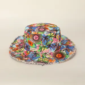 BSCI Oem Custom Women Outdoor Wide Brim Beach Washed Cotton All Over Printing String Distressed Bucket Cap Hat
