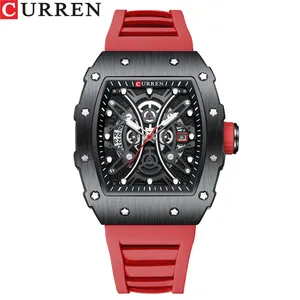 Curren relógios de pulso luminoso masculino, quadrado, casual, pulseira de silicone, meia oca, data automática, 8438