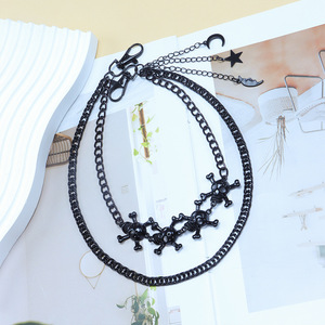 yueli Heavy Metal <b>Skull</b> Cross Double Layer Black Waist Chain With Moon Star Pendant Casual Hip Hop Fashion - Product Image 2