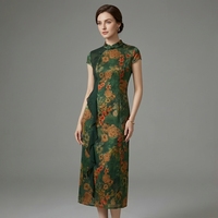 Robes mi-longues d'été pour femmes en soie Xiangyunsha 100% mûrier, col montant, manches courtes, faites à la main, coupe trapèze, prix de gros personnalisé