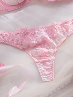 Set Lingerie Wanita Berkualitas Tinggi untuk Musim Panas, Seksi, dengan Kawat Penyangga dan Push-Up, Motif Bunga Pink, Bordir Renda, Bra dan Celana Dalam G-String, Bahan Bernapas