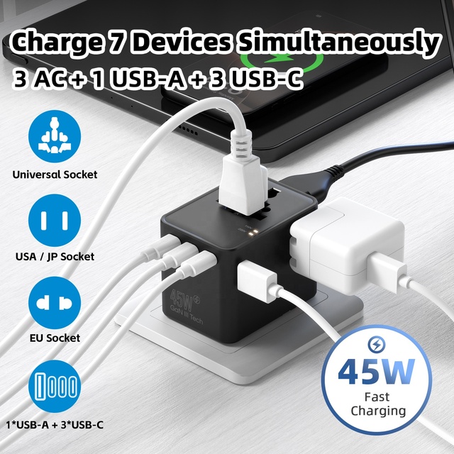 Worldplug OEM ODM 3AC Outlets International World Travel Adapter Type C Charger 45W GaN Worldwide Multi Plug Universal Socket