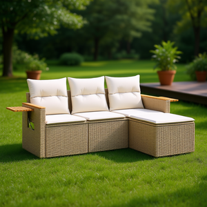 Conjunto de Sofá de Jardín de Ratán Beige con Cojines Blanco Crema, Muebles de Exterior de 3 Plazas, Diseño Contemporáneo, Brazos de Madera de Teca - Product Image 2