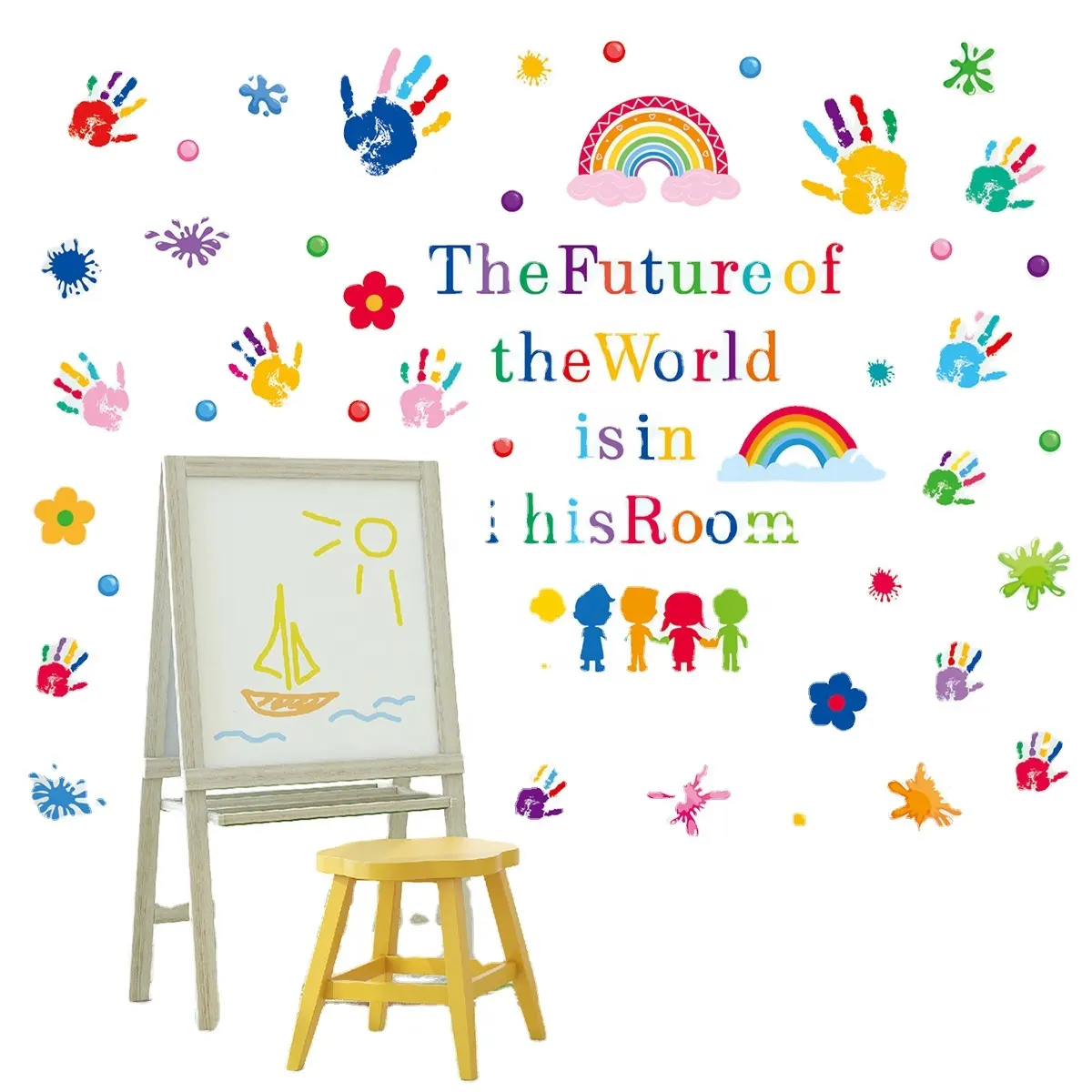 Lukisan Cetak Tangan Pelangi Vinil Merekat Sendiri Stiker Dinding Ruang Permainan Ruang Anak-anak Dekorasi Taman Kanak-kanak