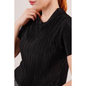 Chemisier en Soie Côtelée pour Femme, Manches Courtes, Broderie, Paillettes, Dentelle, Col Volanté, Taille XL, Formel, Plumes, Noir, Tricoté - Product Image 6