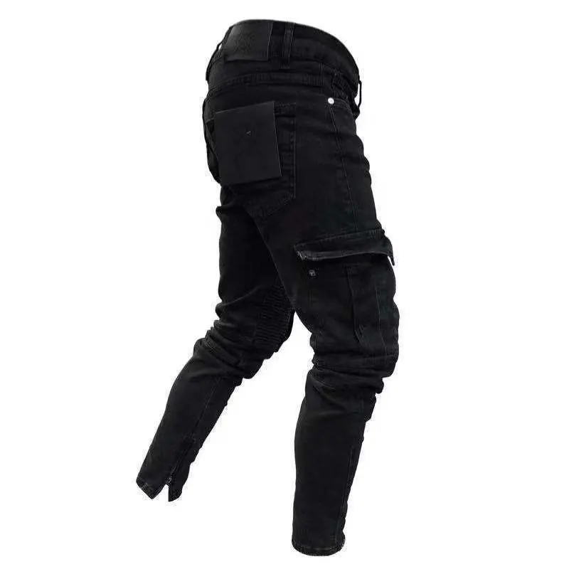 New Fashion Men Skinny Cargo Jeans Long Pant Denim Combat Biker Pocket Stretch Black Work Trousers