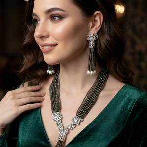 Indian Traditional multi layer Long <b>Necklace</b> <b>Set</b> with Matching Earrings <b>Silver</b> Plated Bridal Wedding Jewellery <b>Set</b> - Product Image 1