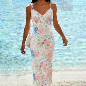 Vestido Largo Maxi de Verano con Estampado Floral Estilo Morandi, con Encaje y Parches, Cuello en V, para Vacaciones en la Playa - Product Image 4