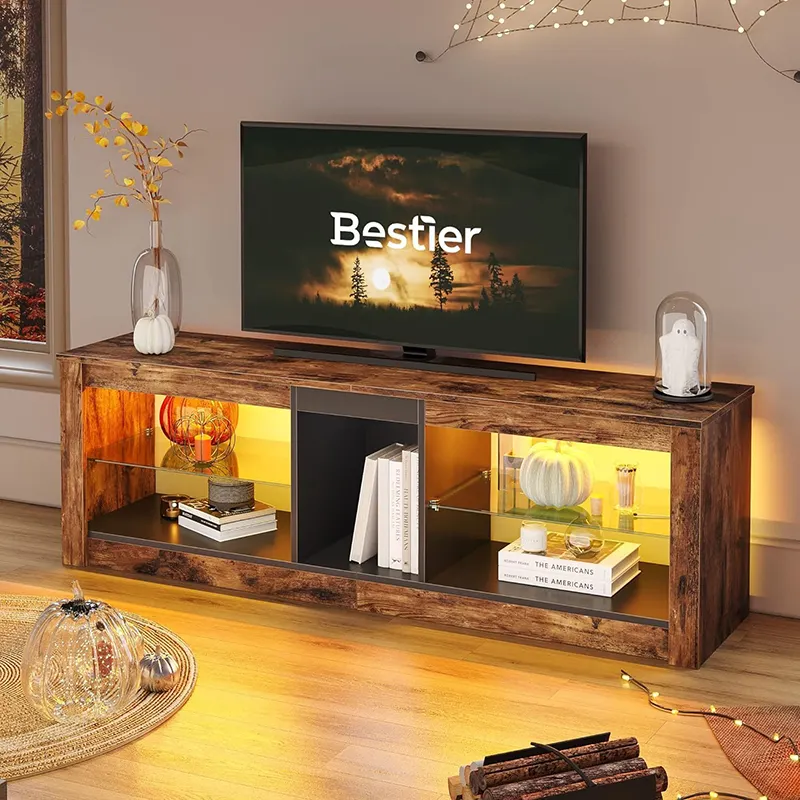 148CM LED TV Stand for 55/60/65 Inch TV Modern TV Cabinet with Adjustable Glass Shelves for Living Room Bedroom