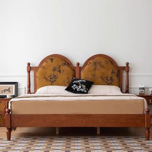 Letto Matrimoniale in Legno Massello Stile Retrò Americano Francese Mid-Century 1,8m con Imbottitura Morbida - Product Image 1