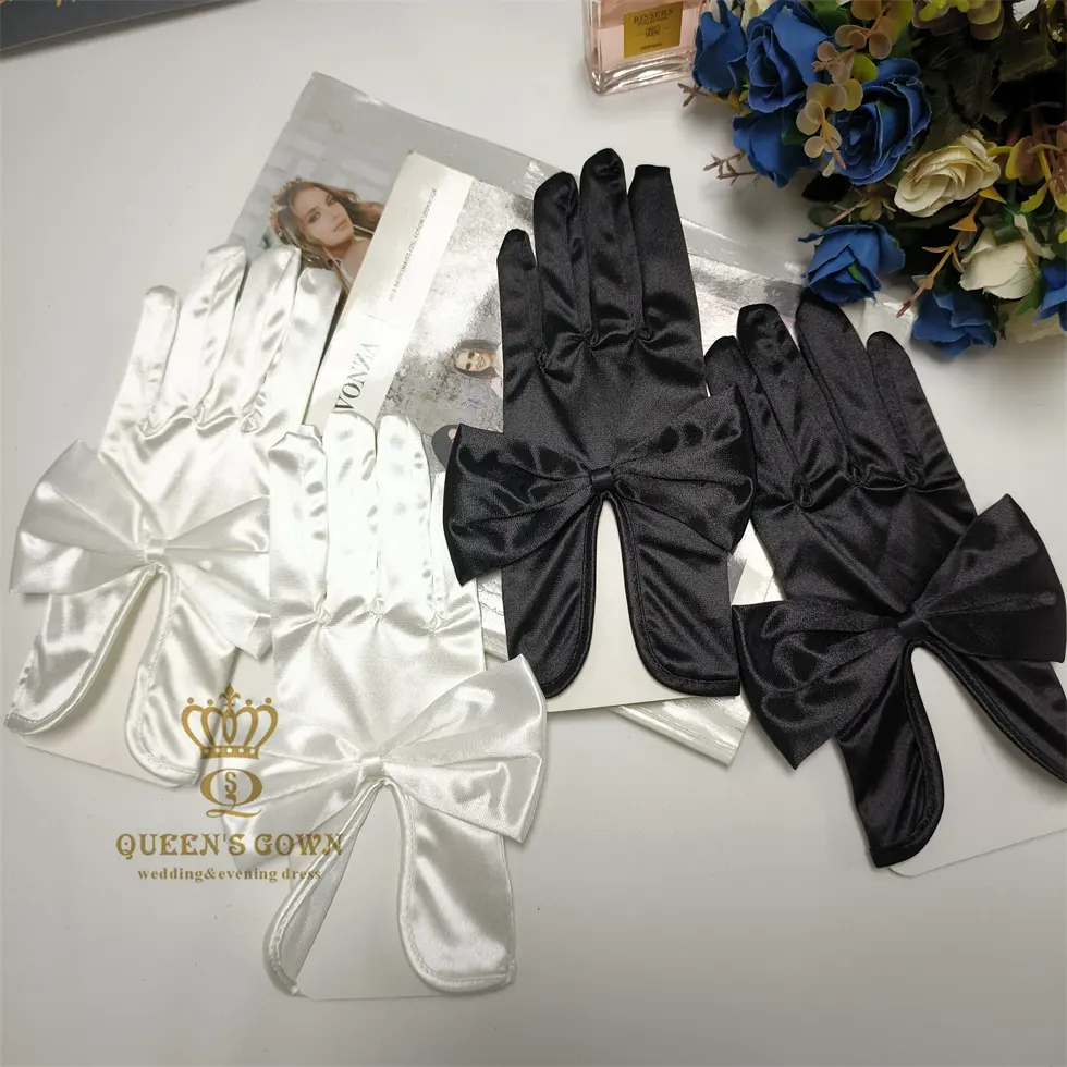 Guanti da sposa con fiocco di alta qualità da sposa elasticizzati corti eleganti vintage Hepburn nero guanti da sposa per sposa