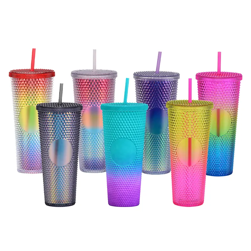 amazon top selling Wholesale diamond cup 24 oz colorful double wall plastic studded tumbler with straw and lid