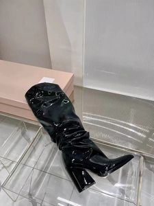 Bottes classiques pour femmes, mode été-automne, hauteur genou, métalliques brillantes, froncées, à bout pointu, talon bloc épais, en PU, à enfiler, respirantes - Product Image 6