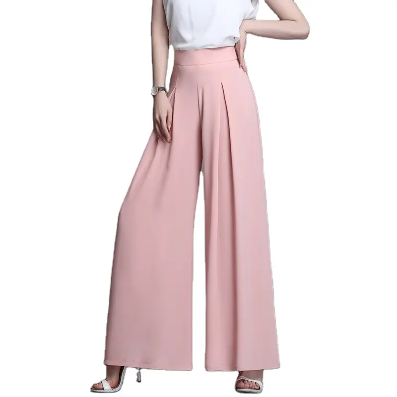 Fashion Womens Summer Pleated Trouser Casual High Waist Elastic Wide Leg Pants