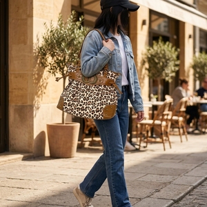 Grand sac fourre-tout vintage à imprimé léopard, sac à main seau pour femme avec garniture en PU effet croco, à porter à l'épaule ou en bandoulière, idéal pour le quotidien, les voyages et le travail - Product Image 4