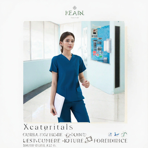 เสื้อสครับคอวีสีน้ำเงินสำหรับผู้หญิง ผ้าฝ้ายผสมโพลีเอสเตอร์ ชุดยูนิฟอร์มโรงพยาบาลสำหรับใช้ทางการแพทย์ - Product Image 3