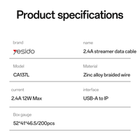 Câble de données USB vers Lightning Yesido 1,2 mètre 12W à charge rapide, compatible CarPlay, en alliage de zinc CA137L