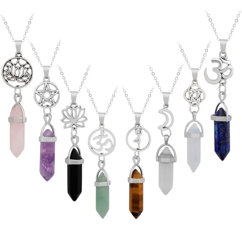 Bullet Shape Gemstone Yoga Lotus Pendant Hexagonal Chakra Crystal Pointed Quartz Pendants Artificial Stone charms for jewelry