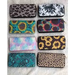 PU Leather Western Sunflower Clutch Women Sewing Pattern Compact Wallet Sublimation Turquoise Zip Around Wallet
