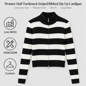 Großhandel OEM ODM Damen Halbhoher Kragen Langarm Reißverschluss Gerippte Strickjacke Herbst Winter Jugendlicher Kontrast-Streifenmantel - Product Image 1
