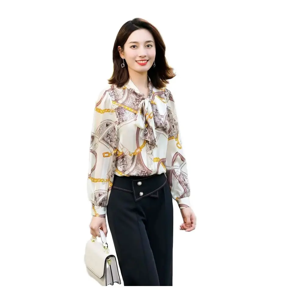 Blusa plisada con estampado Floral Vintage elegante para mujer, Tops con cuello atado con lazo y manga larga, camisa de gran tamaño para primavera y verano