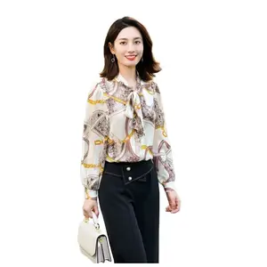 Blusa plissada com estampa floral vintage elegante para mulheres, camisa grande de manga comprida com laço e gola amarrada, primavera verão