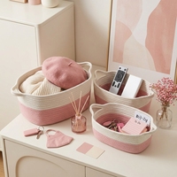 Panier de rangement ovale rose et blanc en corde de coton écologique tressé à la main avec poignées, organisateur de rangement pliable, panier de Pâques idéal