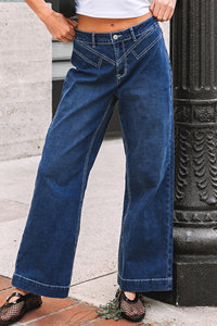 Jeans amples à revers et détails de couture bleu marine pour femmes, vente en gros Dear-Lover - Product Image 3