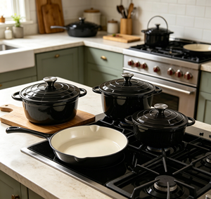 Set di 4 Pezzi Pentole in Ghisa Smaltata, Set Forno Olandese e Padella con Doppio Manico, Adatto al Forno, per <span class=keywords><strong>Cucina</strong></span> Domestica, Set Pentole OEM Ingrosso - Product Image 4