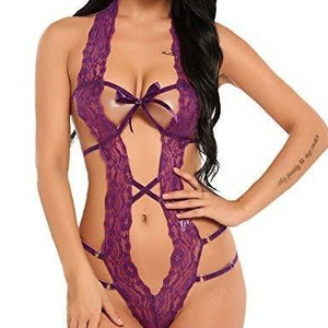Lencería <span class=keywords><strong>sexy</strong></span> y atrevida: Body de encaje con cuello halter y aberturas, con almohadillas de control ligero en el pecho, lavable a máquina (Multicolor Negro/Rojo) - Product Image 4