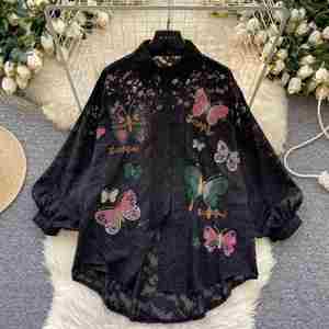 Blusas de malla casuales de manga larga con cuello para mujer, camisas elegantes bordadas con mangas abullonadas para mujer, ropa de primavera - Product Image 2