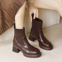 Sepatu bot hak tinggi untuk wanita, sepatu bot pendek luar ruangan kulit PU hak tinggi elegan harian untuk wanita