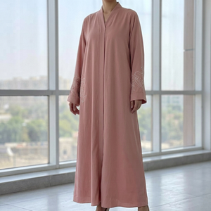 Abaya ample rose unie brodée en polyester pour femme, robe islamique à manches longues et devant ouvert, élégante pour la prière et les fêtes de l'Aïd - Product Image 1