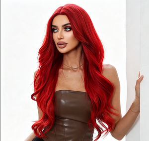 Neptune Red Long Curly Wig Center Part 100 Density High Temperature <b>Wire</b> Full Headgear Women's European American Style - Product Image 4