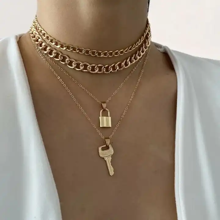 Gold Chain Necklace with Heart and Lock Pendant | SilkFred US
