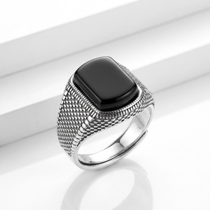 Men's Geometric Black Agate <b>Ring</b> Silver <b>Adjustable</b> Wide Band Bezel Setting Jewelry Gift - Product Image 1