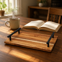 Plateau de service rectangulaire en bois d'acacia pour le petit-déjeuner, plateau à café et à nourriture avec poignée en métal, pour la cuisine et la table