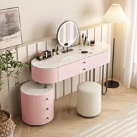 Coiffeuse moderne rose avec pieds en U, miroir LED et armoire latérale ronde à 3 tiroirs, ensemble de coiffeuse pour chambre à coucher, vente en gros