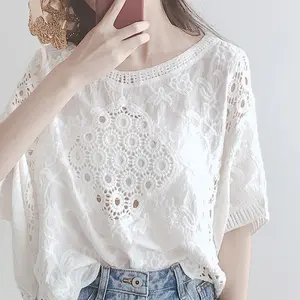 Free Size Women Summer Hollowed Wrap Top Quality Cotton Knitted Smocked Blouse