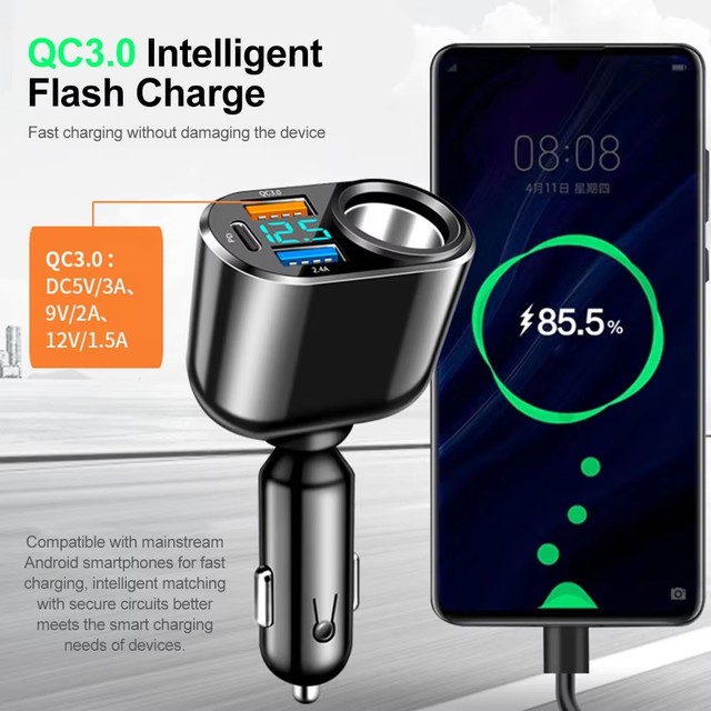 66W PD Car Charger QC3.0 Type C 1 to 4 Car Cigarette Lighter Plug 4 Port Car Charger Flash Charge with Digital Display