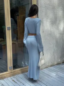 Blubelle kadın rahat 2-Piece Set sonbahar örgü dantel uzun kollu trompet kollu hırka & bölünmüş diz boyu etek kış için - Product Image 5