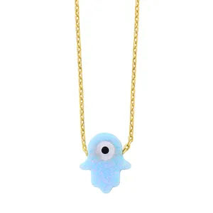 Customs Gold Plated Jewelry Synthetic Opal Palm Hamsa Pendant Necklace Blue Turkish Evil Eye Necklaces For Women
