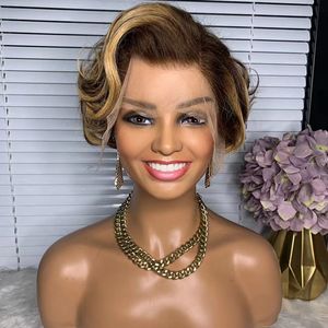 Vente en gros Blonde 613 Pixie Bob Lace Front perruque vierge bouclée brésilienne courte Pixie Curls Cut perruques de cheveux humains pour les femmes - Product Image 4
