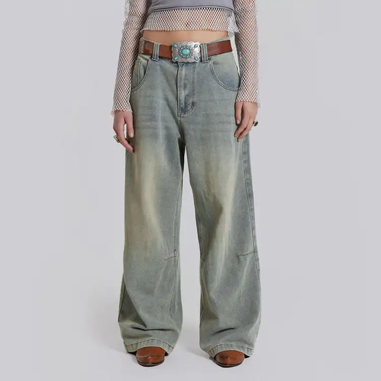 Mode Wide Leg Lady Jeans Acid Wash Katoenen Denim Broek Voor Vrouwen